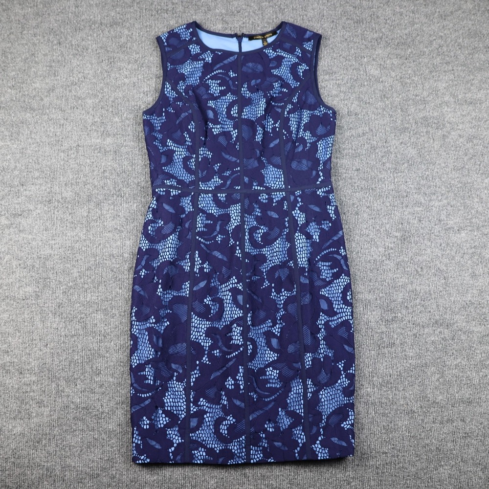 Cynthia Steffe Dress Womens 8 Navy Blue Lace Overlay Sleeveless Sheath Cocktail‎